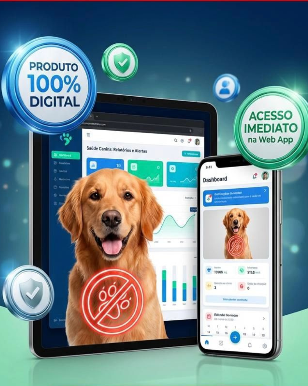 Metodo Anti-Coceira - Aplicativo digital exibido em tablet e celular com dashboard de saude canina